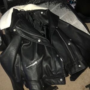 Fake leather jacket with fake fur trim